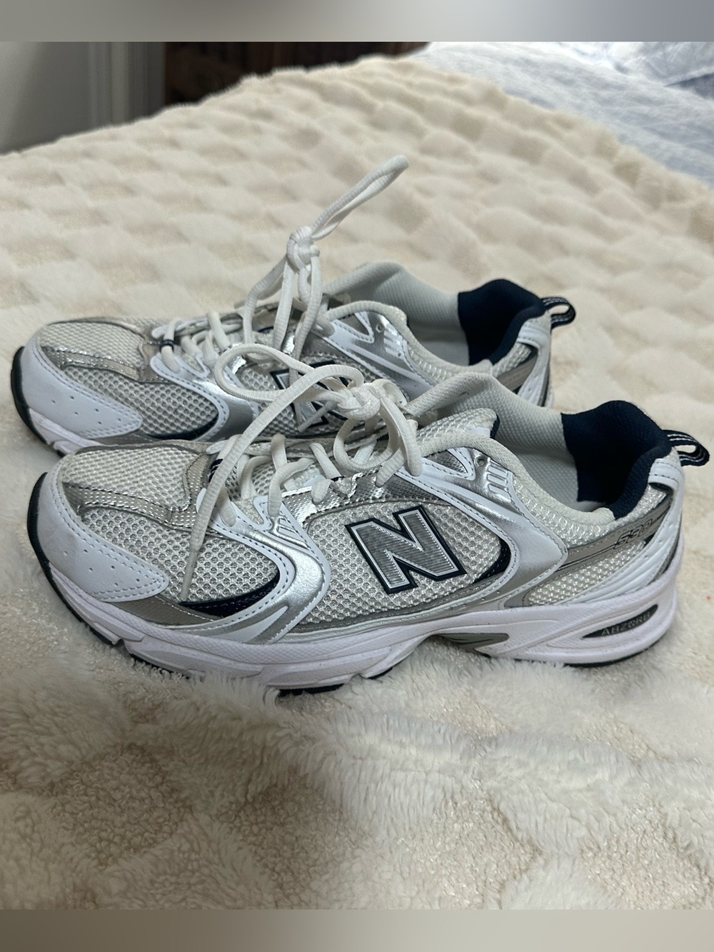 New Balance White, Silver & Navy Athletic Sneakers